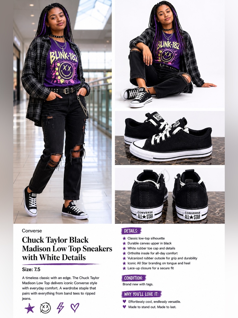Chuck Taylor black Madison Low Top Sneakers with white details Converse size 7.5